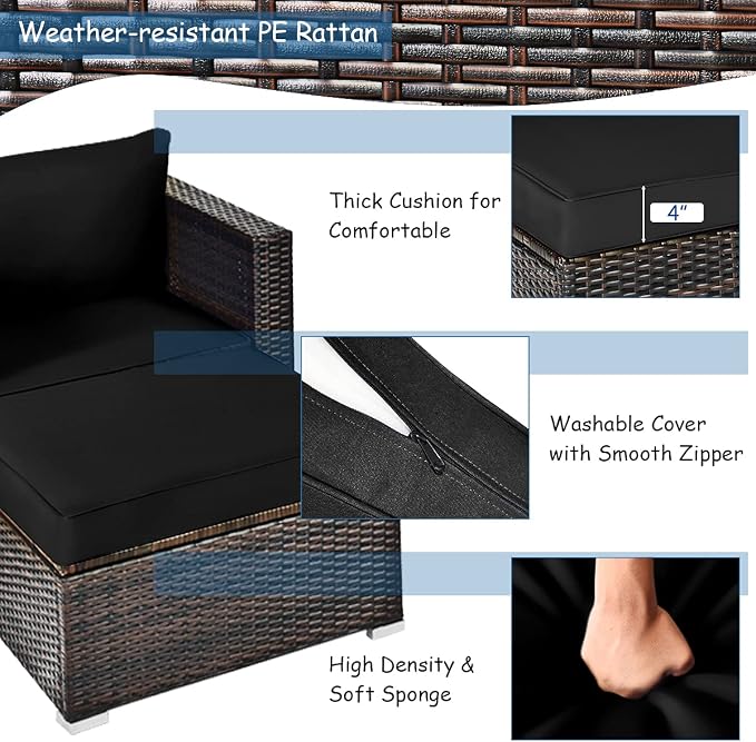 Tangkula 6 Pieces Wicker Patio Furniture Set, PE Rattan Outdoor Sectional Conversation Set with Glass Coffee Table & Ottoman, Wicker Sofa Set with Cushions for Yard Garden, Deck, Porch (Black)