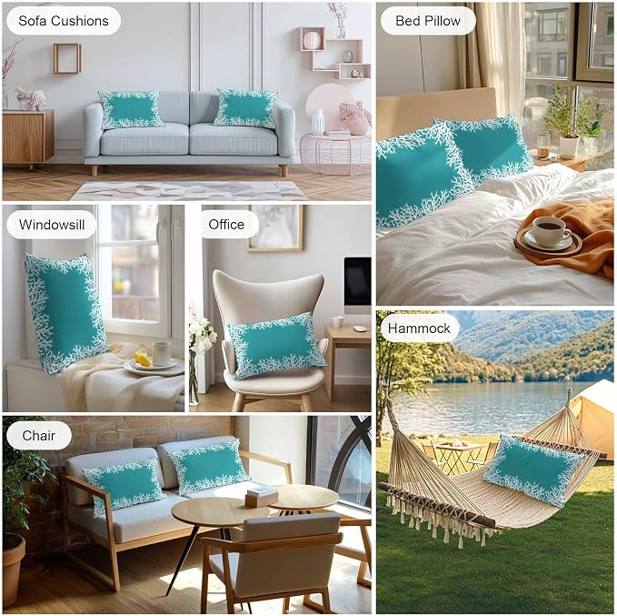 Vandarllin Outdoor Throw Pillows Covers 20x12 inch Set of 2 Waterproof Turquoise Coral Decorative Zippered Cushion Covers for Patio Furniture, Coastal Marine Life Lumbar Pillowcases