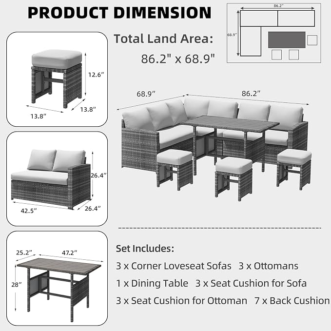 AECOJOY Outdoor Patio Furniture Set, 7 Pieces Clearance Sectional Rattan Dining Table&Chairs, All Weather Wicker Conversation Sofa Couch with Ottoman, Light Grey Cushions&Grey Rattan