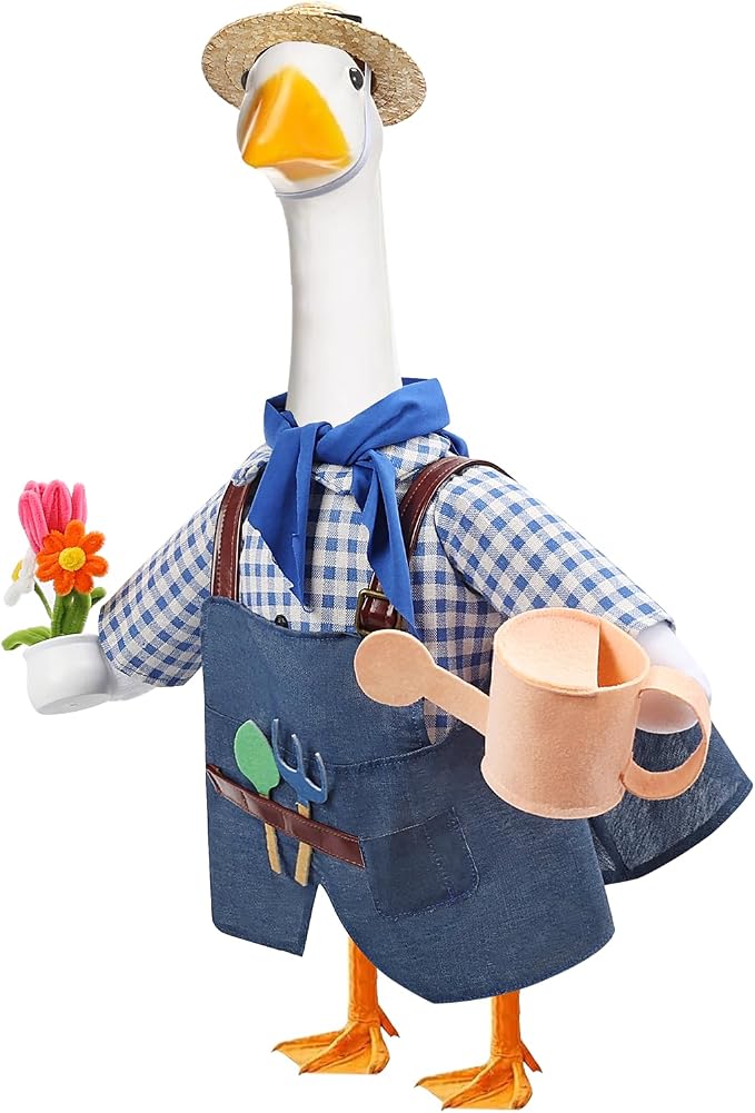 GJL Gardener Porch Goose Outfit Fits 23 Inch Cement Plastic Goose Statue, 2-Piece Porch Goose Clothes with Hat, Tools, Scarf, Watering Can & Flower Pot Design for Spring Summer Garden Yard Lawn Decor