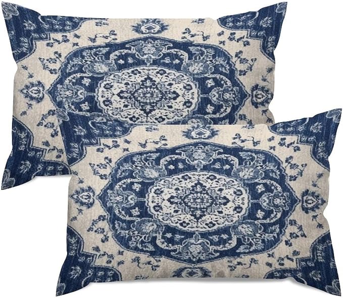 Set of 2 Classical Navy Blue Damask Pattern Pillow Covers 12x18in Farmhouse Canvas Cushion Covers Outdoor for Couch Chair Home Decor for Family Friends