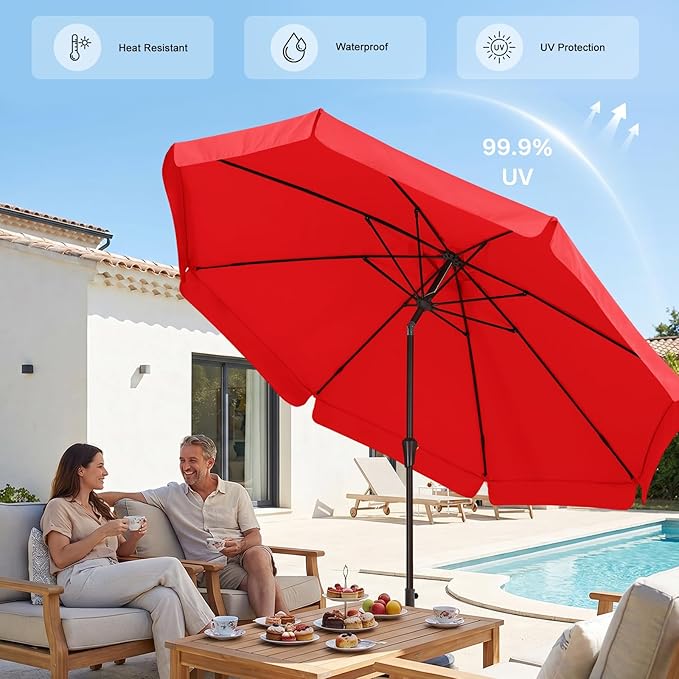 ABCCANOPY 9ft Scalloped Patio Umbrella, Outdoor Table Umbrella with Tilt and Crank, Fiberglass Ribs Deck Umbrella for Patio, Pool, Garden, Picnic (Red)
