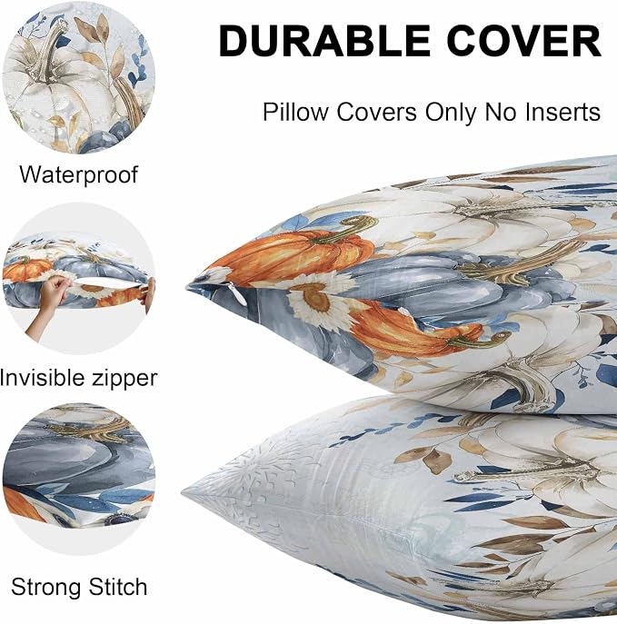 Fall Outdoor Throw Pillows Covers 24x24 inch Set of 2 Waterproof Blue White Pumpkin Zippered Cushion Covers for Patio Furniture, Autumn Eucalyptus Leaf Floral Thanksgiving Lumbar Pillowcases