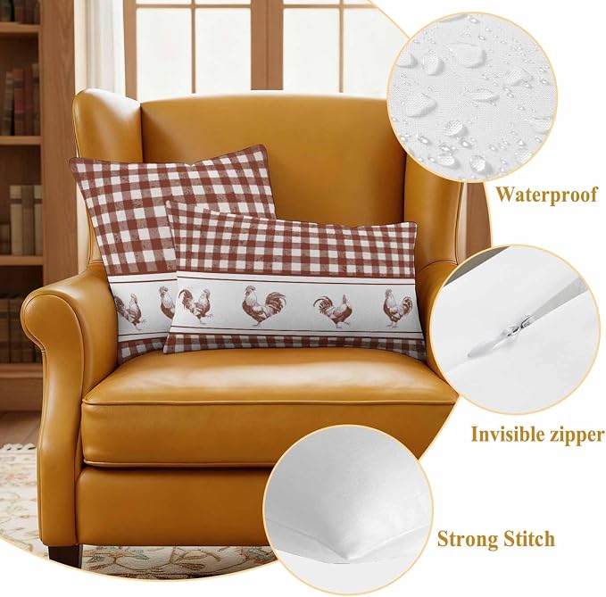 Outdoor Waterproof Throw Pillow Covers Set of 2 Chicken Cock Rooster Pillowcases 18x18 Inches Farmhouse Animal Red Buffalo Plaid Decorative Pillows Cushion Case Patio Pillows for Couch Bed Chair