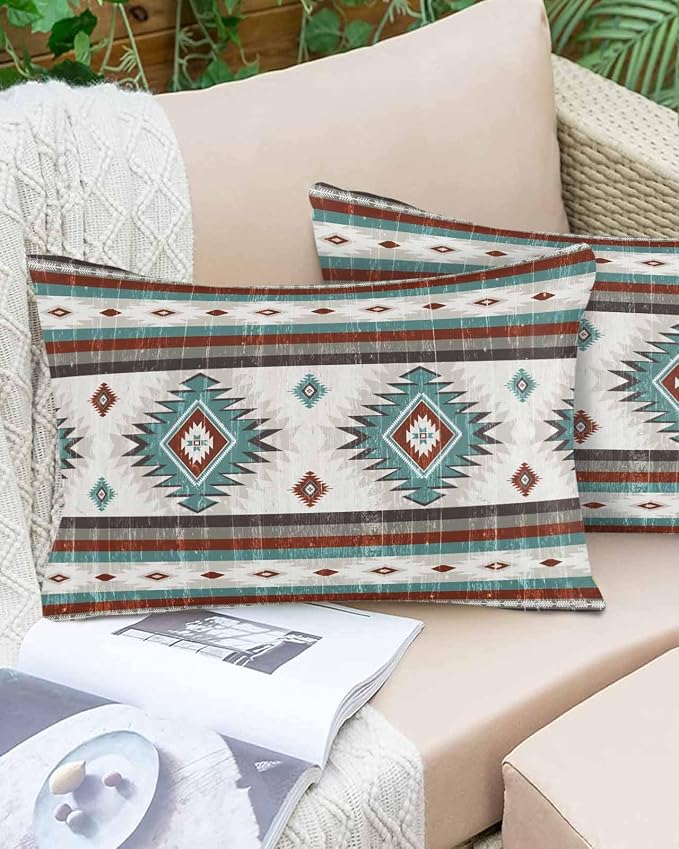 Outdoor Waterproof Throw Pillow Covers Set of 2 Teal Red Boho Aztec Lumbar Pillowcases 20x12 Inches Southwest Tribal Geometric Patio Decorative Pillows Cushion Case Patio Pillows for Couch Bed Garden