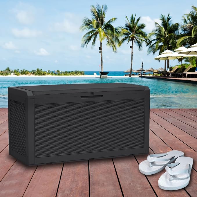DIKEP 100 Gallon Polypropylene(PP) Deck Box with Cushion, Lockable Outdoor Storage Box for Patio Furniture, Garden Tools, Pool Supplies| Built-in Handles Waterproof Storage Container, Black