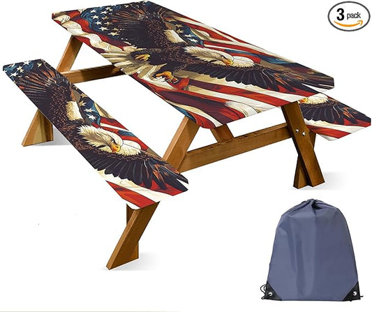 ANNA QUEEN Patriotic American Eagle 6FT Picnic Table Cover with Bench Covers Set of 3 with Drawstring Bag, USA Flag Eagle 72"x30" Waterproof Picnic Tablecloth & Bench Covers for Outdoor BBQ