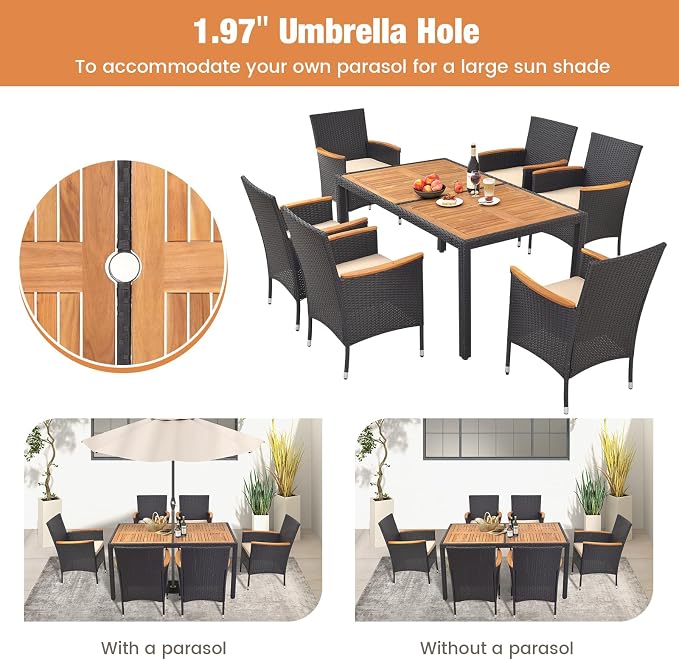 DORTALA Patio Dining Furniture Set for 6, 7 Piece PE Rattan & Acacia Wood Outdoor Table and Chairs with Umbrella Hole, Cushions for Backyard Poolside, 400 Lbs Capacity, Black