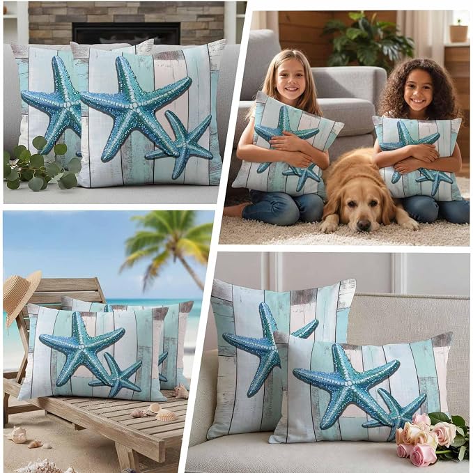 Teal Blue Starfish Waterproof Outdoor Pillow Covers Set of 2 Home Decor, Summer Beach Coastal Retro Wooden Pillowcase Patio Pillow Covers for Couch Bench Furniture Garden 20x12in