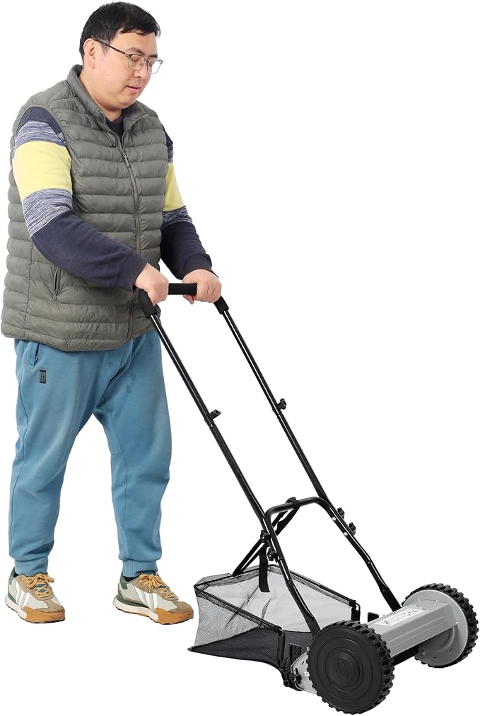 14-Inch 5-Blade Push Reel Lawn Mower with Grass Catcher Steel Gray,Eco-Friendly Manual Grass Cutter for Small to Medium Yards,Precision Cutting & Easy Maneuverability