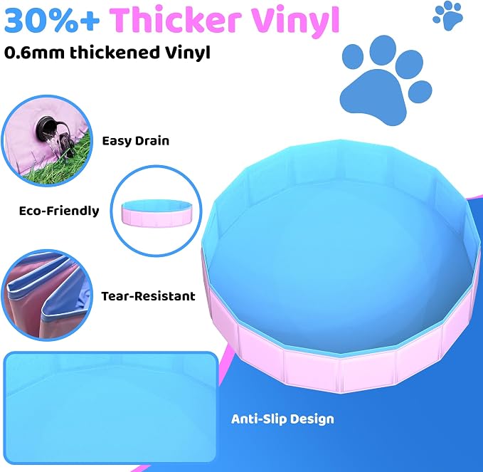 CACSPS 2025 Updated Foldable Dog Pool, 79" x 12" Kiddie Pool with Hard Plastic, Non-Slip Dog Bath Tub for Outdoor Backyard, Collapsible Dog Swimming Pool for Kids Dogs Pets (Pink)