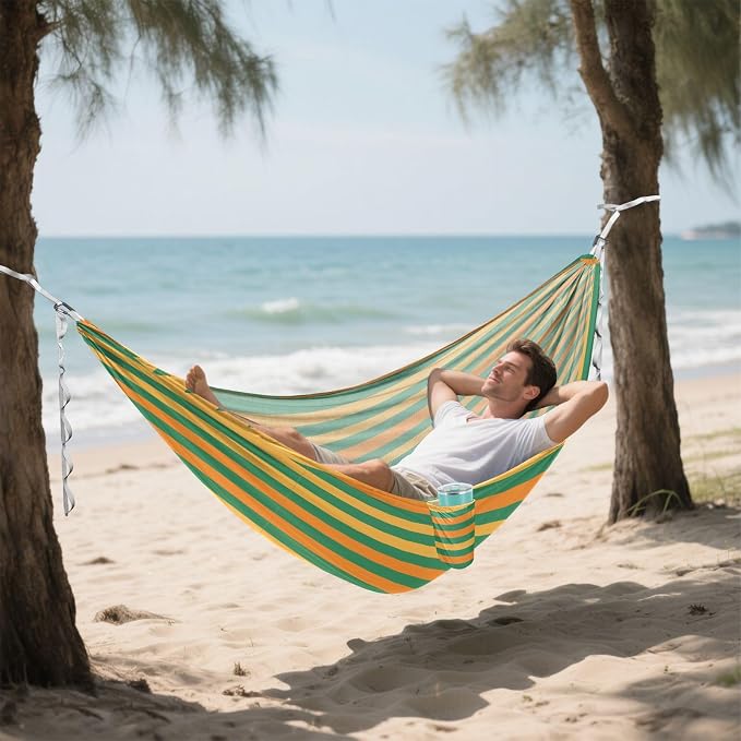 Camping Hammock Outdoor Hammocks for Outside Green Orange Stripe Beach Trees Portable Lightweight with Pockets Tree Straps Indoor