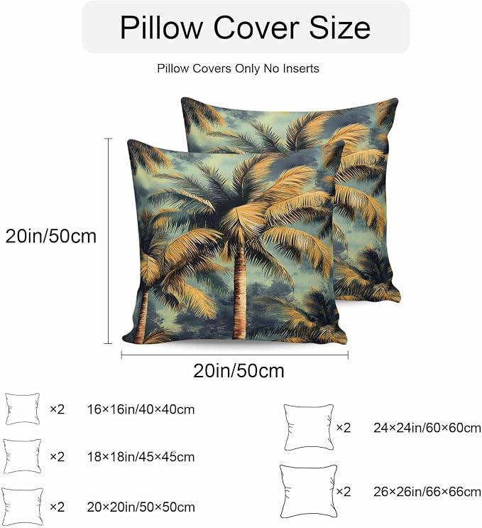 Palm Tree Waterproof Outdoor Pillow Covers Set of 2 Home Decor, Retro Summer Botanical Tropical Plant Leaves Pillowcase Patio Pillow Covers for Couch Bench Furniture Garden 20x20in