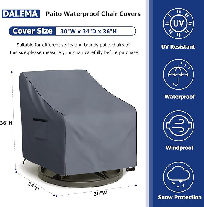 Outdoor Swivel Chair Cover 2 Pack,600D Heavy Duty 100% Waterproof Outdoor Chair Covers,Patio Furniture Covers for Swivel Patio Chairs,30" W x 34" D x 36" H,Grey