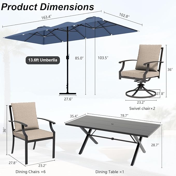 Patio Dining Set for 10 with 13.6ft Double-Sided Patio Umbrella,Outdoor Dining Set of 6 Metal Chairs and 2 Swivel Chairs with Umbrella Hole Table for Backyard,Garden,and Poolside(Brown)