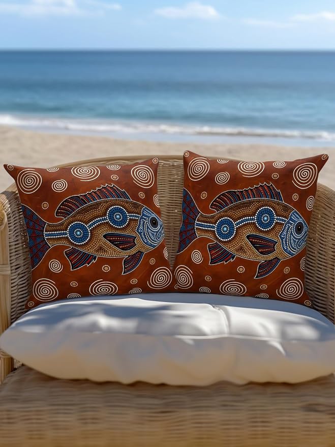 Outdoor Pillows Waterproof Set of 2, Southwest Tribal Decorative Throw Pillows for Patio Couch Bed Camping, Vintage Rustic Fish Motifs Wooden Texture Indoor Outdoor Pillow with Inserts Included 18x18