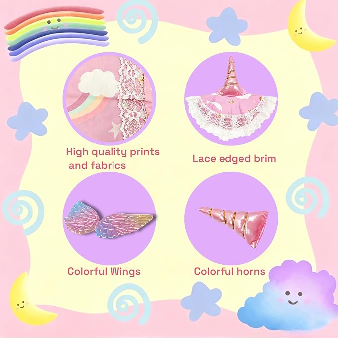 Pink Unicorn Porch Goose Outfits for 23 Inch Lawn Statue, Dress with Wings Hat Colorful Horn Set, Garden Party Birthday Outdoor Decoration, Costume for Plastic Cement Goose