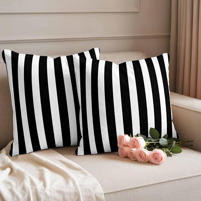 Outdoor Pillow Covers,Black White Geometric Stripe Decorative Throw Pillow Cover Waterproof Pillowcase Set of 2,Linen Cushion Case for Sofa Couch Bed 26x26 Inch,Modern Minimalist Line