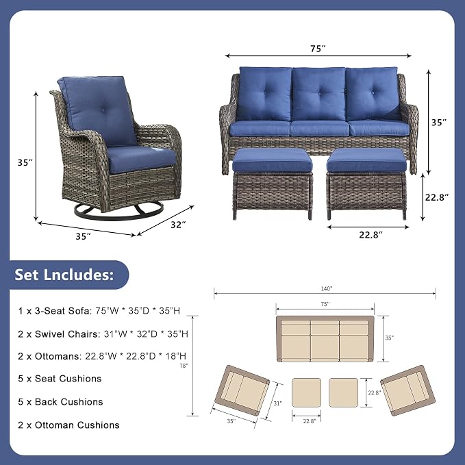 Rilyson Wicker Patio Furniture Set - 5 Piece Rattan Outdoor Sectional Conversation Sets with 2 Rocking Swivel Chairs,2 Ottomans and 1 Sofa for Porch Deck Garden(Mixed Grey/Blue)