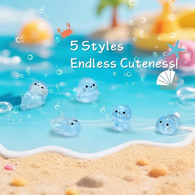 40Pcs Glow in Dark Mini Resin Seal Figurines - 5 Styles Luminous Sea Animals for Terrarium Decor, Fairy Garden, Aquarium, Small Resin Animals with Storage Box