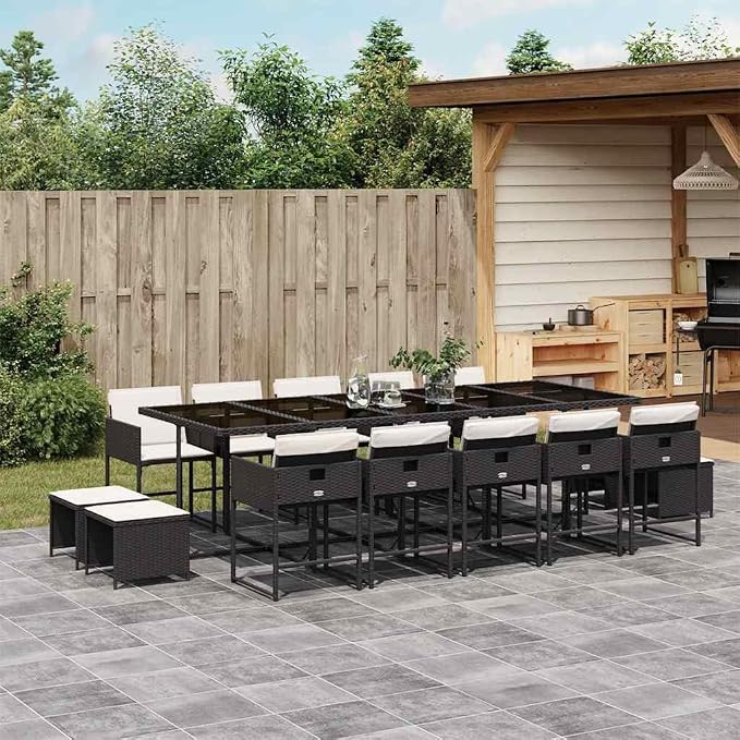 15 pcs Set Modern Garden Dining Set & Outdoor Dining Set Black Poly Rattan Patio Dining Set for Backyard Front Porch Lawn 41.7 x 108.3 x 28.7 in