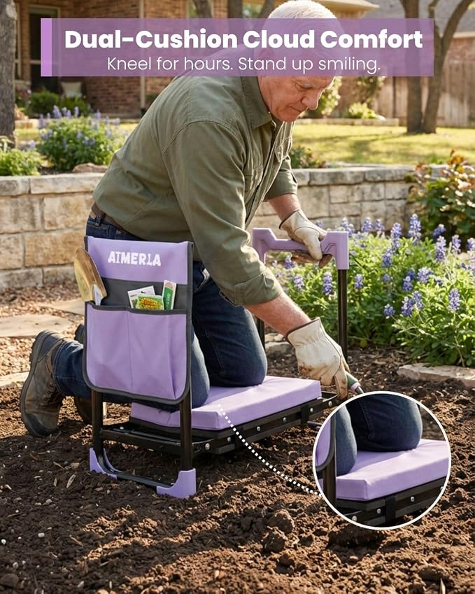 Aimerla K7 Foldable Garden Kneeler Seat, Upgraded Anti-Slip Base, 350LBS Capacity, 10.2" Wide EVA Pad & Detachable Cloud Cushion, 2-in-1 Kneeler Bench for Seniors, Gardening Gifts for Parents