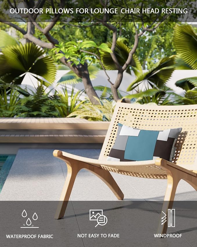Outdoor Pillows Covers with Inserts Mid Century Absrtact Geometric Blue Brown Gery Waterproof Pillow with Adjustable Strap Throw Pillows for Patio Furniture Recliner Lounge Chair, 11x16 inch, 1PCS