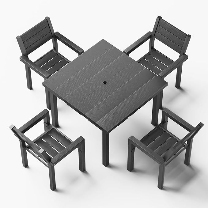 5-Piece Patio Dining Set for 4, All-Weather HDPE Outdoor Table and Chairs with Umbrella Hole, Rust-Resistant Metal Frame Dining Set for Garden, Backyard, Poolside, Deck (1 Table & 4 Chairs)
