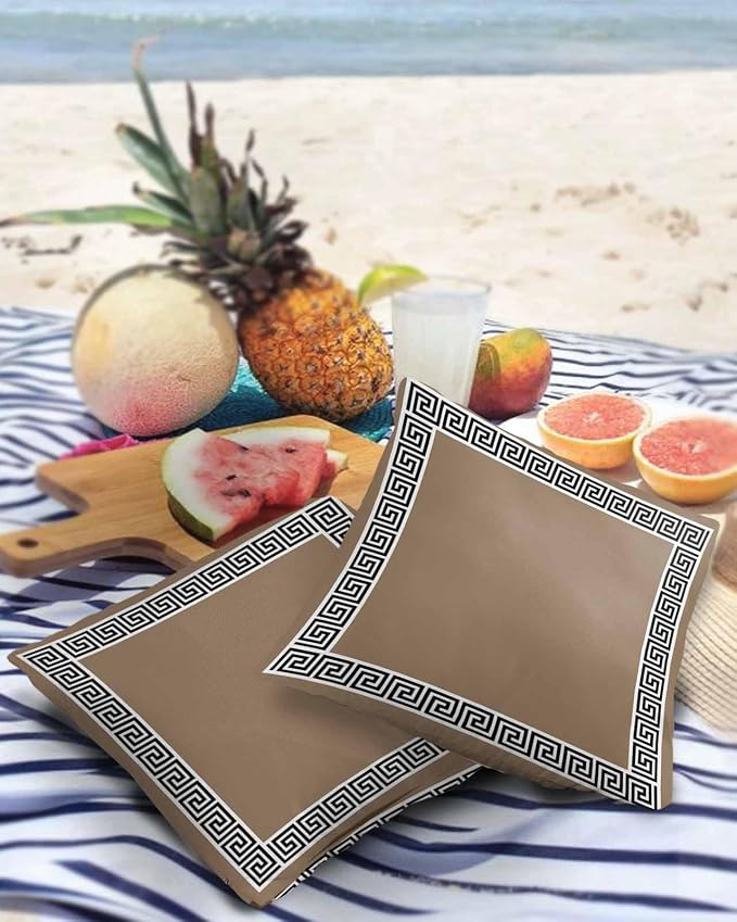 Prime Leader Outdoor Waterproof Pillow Covers Set of 2, Chinese Style Pattern Brown Background Patio Throw Pillow Covers, Decorative Cushion Case for Couch Sofa Furniture Garden, 20x20 Inch