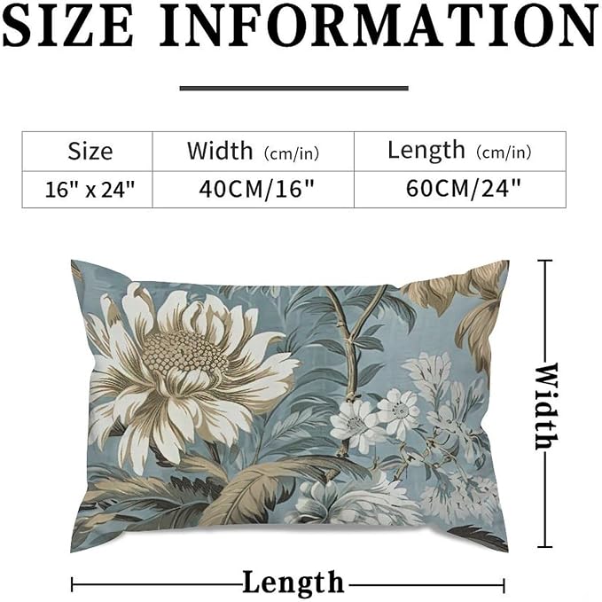 Spa On Flax Blue Chinoiserie Rectangle Lumbar Pillow Case Grey Peony Asian Throw Pillow Cover Rustic Outdoor Garden Decoration for for Car Sofa Bedroom Home Chair 16x24in