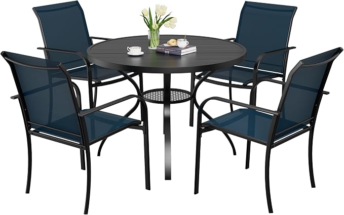 Incbruce 5 PCS Patio Dining Set, Outdoor Dining Set of 4 Textilene Chairs and 41" Round Table with Umbrella Hole for Backyard, Garden, and Poolside (Blue)