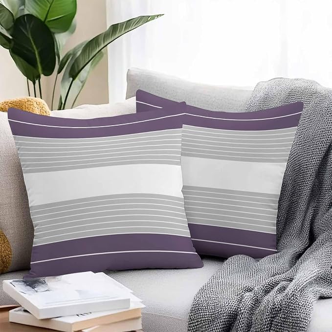 Purple Grey Stripe Outdoor Pillow Covers Waterproof, All Weather Cushion Case Set of 2, Modern Art Horizontal Striped Decorative Pillowcases for Sofa Couch Bed Decor Patio Furniture 16"x16"