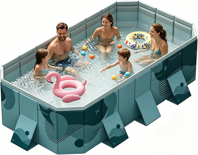 Foldable Swimming Pool, Rectangular Above Ground Swimming Pool for Outdoor Family Square Pool with Drain Plug and Drain Hole, Easy to Assemble Pool for Kids, Pets and Dogs(116" L x 65" W)