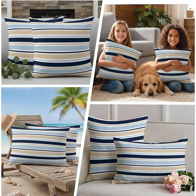 Navy Blue Khaki Striped Outdoor Pillow Cover 12x20 Inch Cushion Sham Case, Farmhouse Stripes Modern Abstract Art Waterproof Decorative Square Throw Pillowcase for Outside Garden Patio Porch Couch