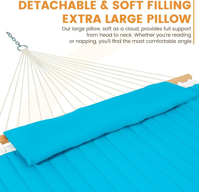Lazy Daze Hammocks 12 FT Double Quilted Fabric Hammock with Spreader Bar and Detachable Pillow, 2 Person Hammock for Outdoor Outside Patio Garden Yard Pool Beach, 450lbs Weight Capacity (Blue)