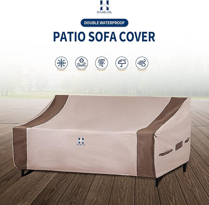HAMLER Patio 2-Seater Sofa Cover - Heavy Duty, Waterproof, Handled & Vented, Fits up to 62" W x 38" D x 24" H, Brown & Beige