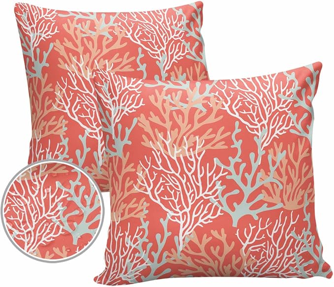 Outdoor Waterproof Throw Pillow Covers Set of 2 Red Orange Coral Pillowcases 18x18 Inches Nautical Coastal Marine Life Patio Decorative Pillows Cushion Case Patio Pillows for Couch Bed Chair Garden
