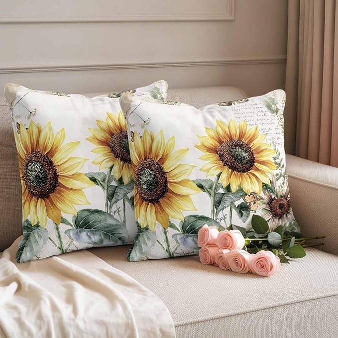 Vintage Yellow Sunflowers Outdoor Waterproof Throw Pillow Covers Set of 2, 16"x16", American Pastoral Style Decorative Pillow Covers Outside Cushion Case for Patio Porch Garden
