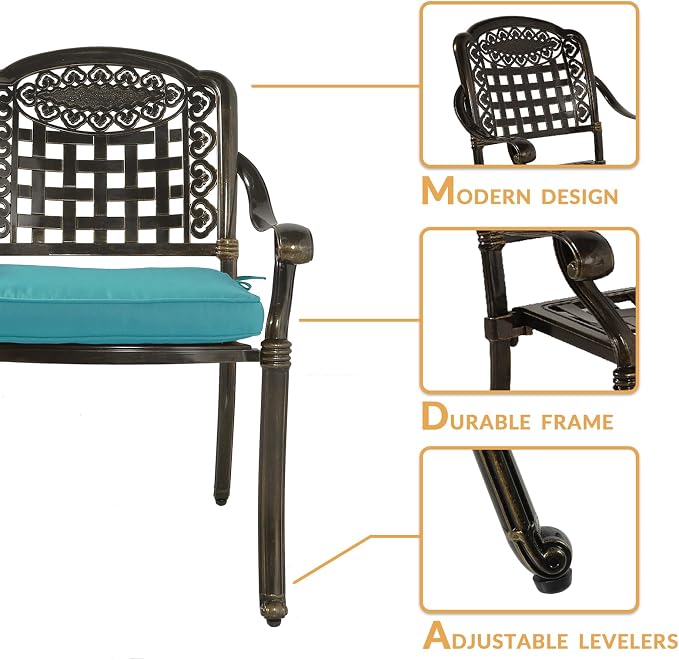 3-Piece Outdoor Patio Dining Set, All-Weather Cast Aluminum Patio Furniture Set for Backyard Garden Deck with 2 Cushioned Chairs and 35.4” Round Table, 2" Umbrella Hole, Ocean Blue