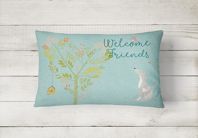 Caroline's Treasures BB7636PW1216 Welcome Friends Italian Greyhound Canvas Fabric Decorative Pillow Machine Washable, Indoor Outdoor Decorative Pillow for Couch, Bed or Patio, 12HX16W