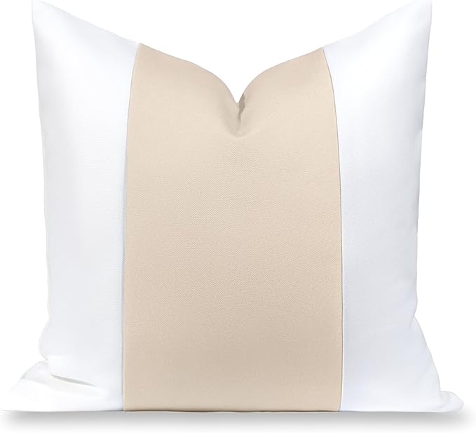 Hofdeco Premium Coastal Hampton Patio Indoor Outdoor Throw Pillow Cover Only, 20"x20" Water Repellent for Backyard, Couch, Poolside, Neutral Tan Print Color Block
