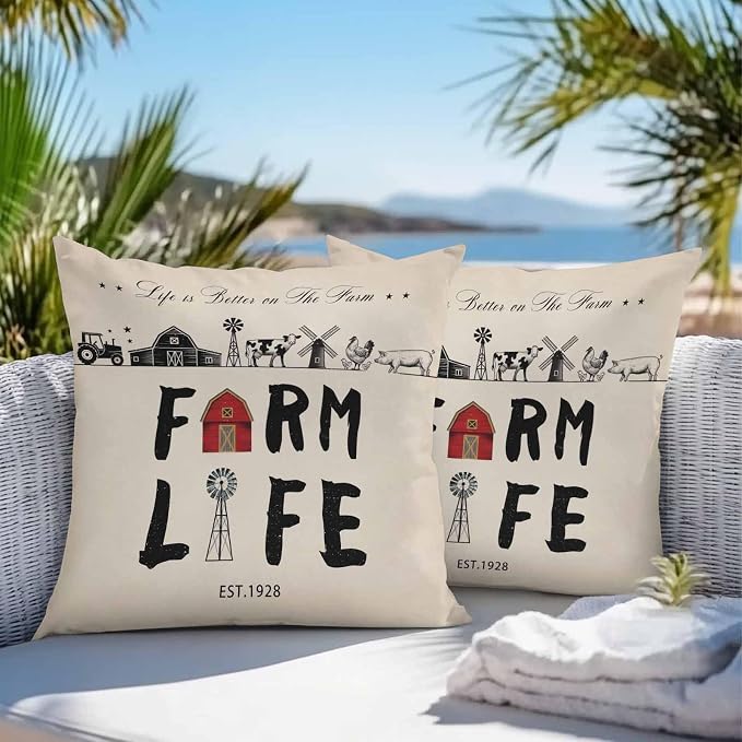 Outdoor Throw Pillows Covers 26x26 inch Set of 2 Waterproof Farm Life Decorative Zippered Cushion Covers for Patio Furniture, Retro Farmhouse Red Barn Windmill Cow Chicken Tractors Lumbar Pillowcases
