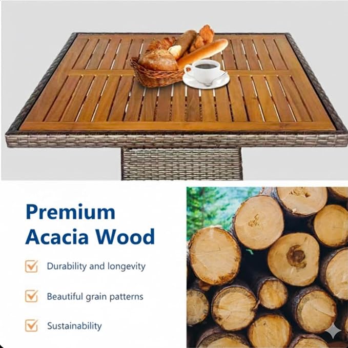 5-Piece Rattan Patio Dining Set with Acacia Wood Table 4 Armchairs and Cushions All-Weather Brown Wicker Outdoor Furniture Set for Backyard Deck Garden 35.4" Square Table