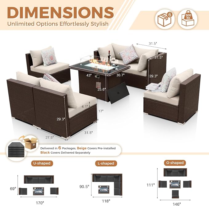 BULEXYARD 7-Piece Outdoor Patio Furniture Set with Propane/Natural Gas Fire Pit Table, High-Back Extra Large Backyard Sectional Couch Sofa, Cozy Wide Deep Seating Group, Brown Rattan & Black Cushion