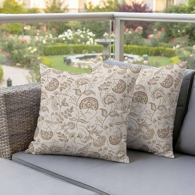 Outdoor Pillow Covers 18x18 Set of 2, Khaki Fruit Waterproof Patio Throw Pillow Covers for Couch Sofa Chair, Country Retro Floral Botanical Plant Decorative Pillowcases for Throw Pillows