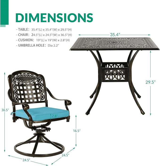 VIVIJASON 5-Piece Outdoor Patio Dining Set, All-Weather Cast Aluminum Conversation Set, Patio Furniture Set Include 4 Swivel Cushioned Chairs, 1 Square Table w/Umbrella Hole, Ocean Blue Cushion