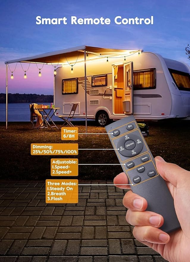 Brightown Outdoor String Lights, 112FT 35 Bulbs Shatterproof Patio Lights with Remote, IP65 Waterproof Dimmable Hanging Connectable LED Outdoor Lights for Backyard, Bistro, Porch, Deck, Balcony