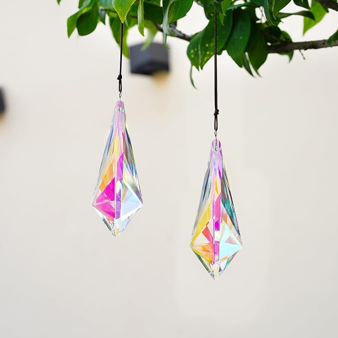 2 Pcs AB Coating Crystal Horn Prism Suncatcher Rainbow Window Decor | AB Coating Crystal Horns Prisms Suncatcher Rainbow Maker Hanging Pendants for Wedding Party Christmas Tree Window Decor