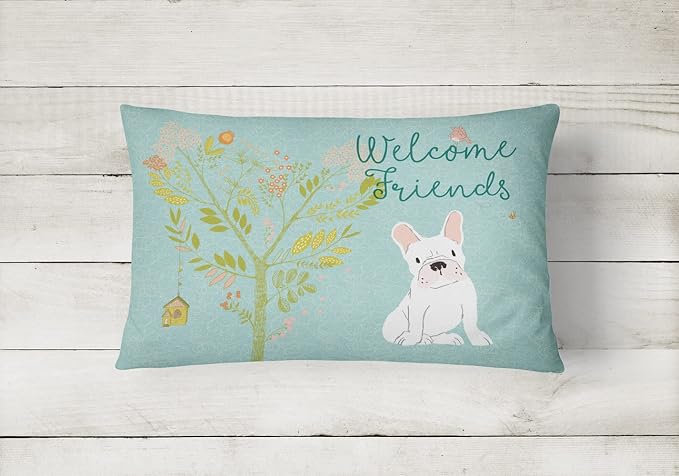 Caroline's Treasures BB7635PW1216 Welcome Friends White French Bulldog Canvas Fabric Decorative Pillow Machine Washable, Indoor Outdoor Decorative Pillow for Couch, Bed or Patio, 12HX16W