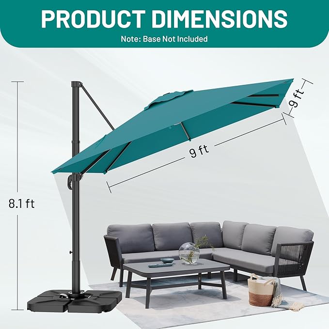 AreShark 9 X 9 FT Cantilever Patio Umbrella, 360-Degree Rotation Square Hanging Offset Umbrella with Crank, Heavy Duty Patio Umbrella for Patio, Pool, Garden, Deck, Lake Blue